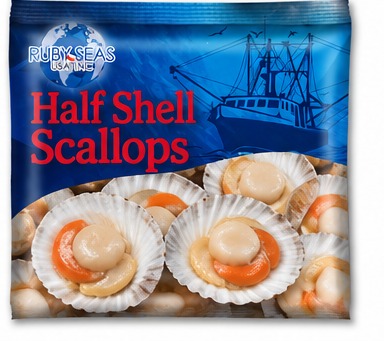 Ruby Seas half shell scallops retail package